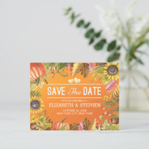 Wedding Save The Date Autumn Maple Leaves Pumpkins Announcement Postcard