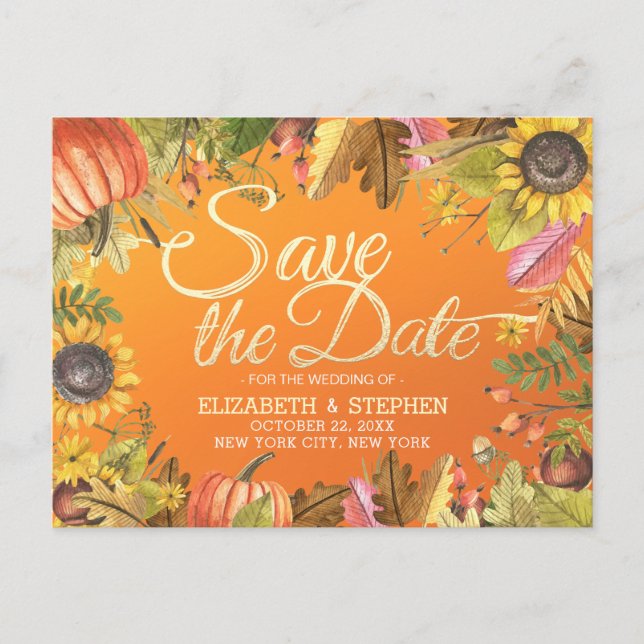 Wedding Save The Date Autumn Maple Leaves Pumpkins Announcement Postcard (Front)