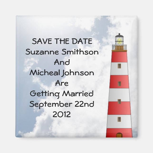 Wedding Save the Date Beach Clouds Lighthouse Magnet (Front)