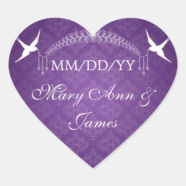Wedding Save The Date Birds & Diamonds Purple Heart Sticker (Front)