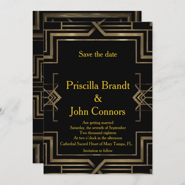Wedding Save the Date, black & gold, great-Gatsby Invitation (Front/Back)
