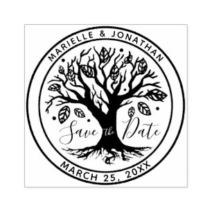 Wedding Save the Date Boho Tree Monogram Names Rubber Stamp