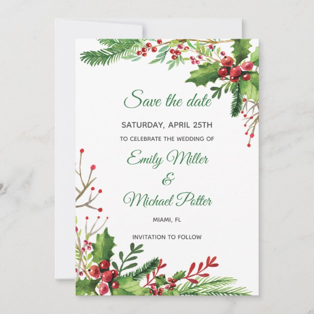 Wedding Save The Date Botanical Mistletoe Painted (Front)