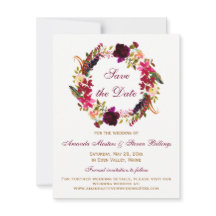 Wedding Save the Date - Burgundy Floral, Feathers