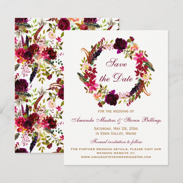Wedding Save the Date - Burgundy Floral, Feathers Invitation (Front/Back)