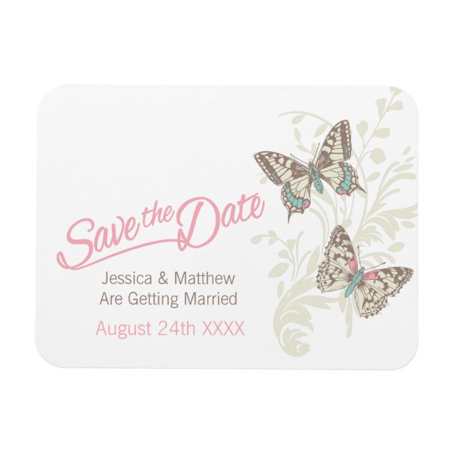 Wedding save the date butterflies pink magnet (Horizontal)
