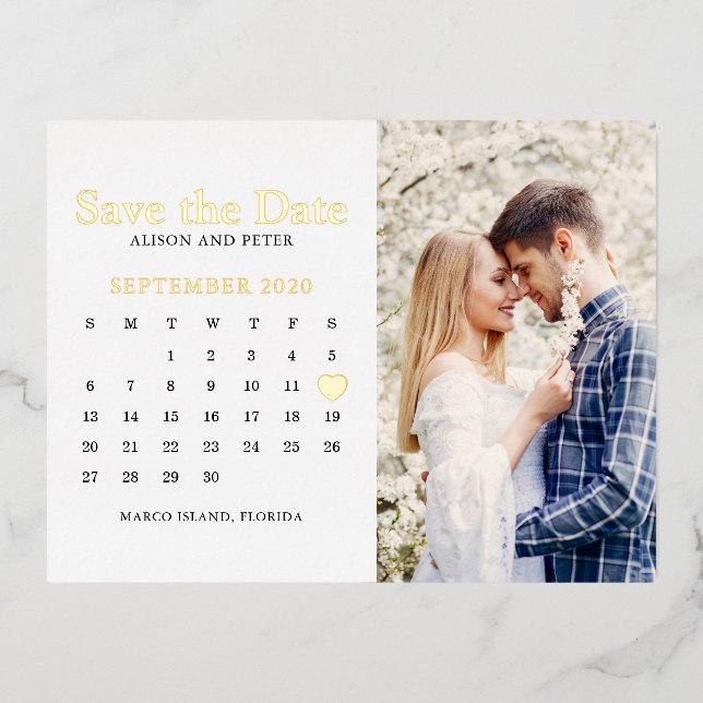Wedding Save the Date Calendar Photo Foil Invitation Postcard (Front)