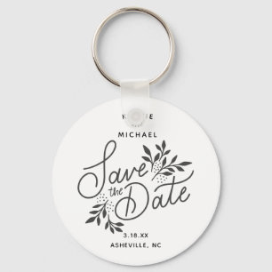 Wedding Save the Date Calligraphy Botanical White Key Ring