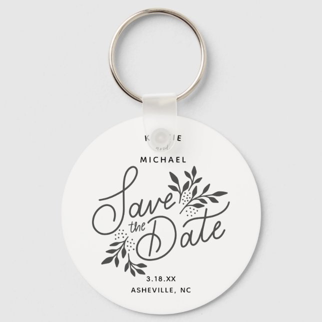 Wedding Save the Date Calligraphy Botanical White Key Ring (Front)