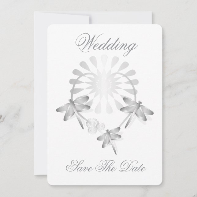 Wedding Save The Date Card Silver Dragonflies (Front)