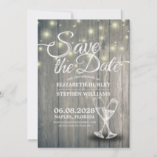 Wedding Save The Date Champagne Glasses Wood Light (Front)
