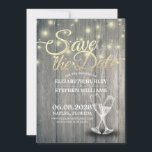 Wedding Save The Date Champagne Glasses Wood Light<br><div class="desc">Save The Date Wedding Invitation Card Templates - Elegant Lettering Script,  Vintage Champagne Glasses and String Lights on Rustic Wood Background.
A Perfect Design For Your Big Day!
All Text Style,  Colours,  Sizes Can Be Modified To Fit Your Needs.</div>