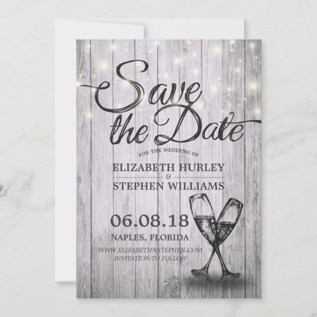 Wedding Save The Date Champagne Glasses Wood Light (Front)