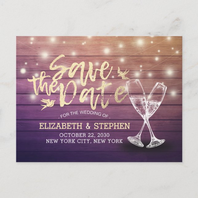 Wedding Save The Date Champagne Glasses Wood Light Announcement Postcard (Front)