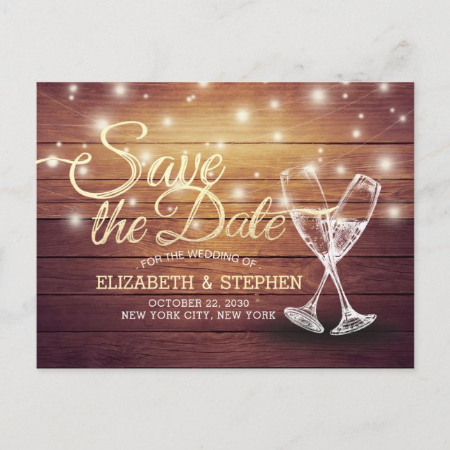 Wedding Save The Date Champagne Glasses Wood Light Announcement Postcard (Front)