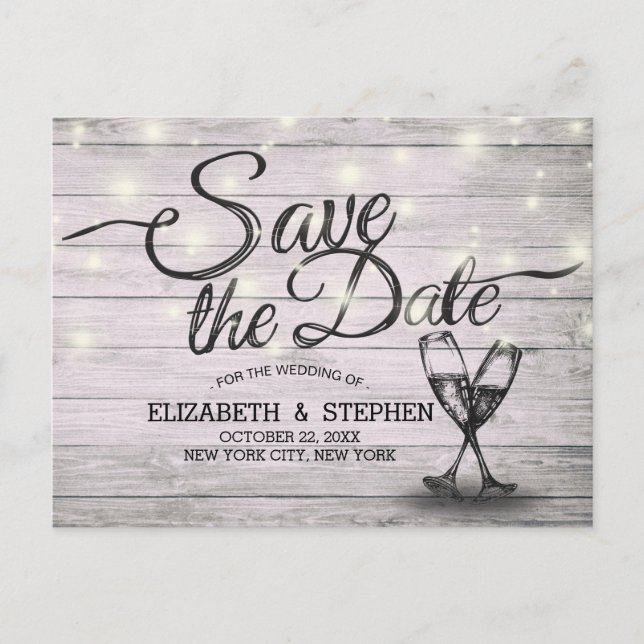 Wedding Save The Date Champagne Glasses Wood Light Announcement Postcard (Front)