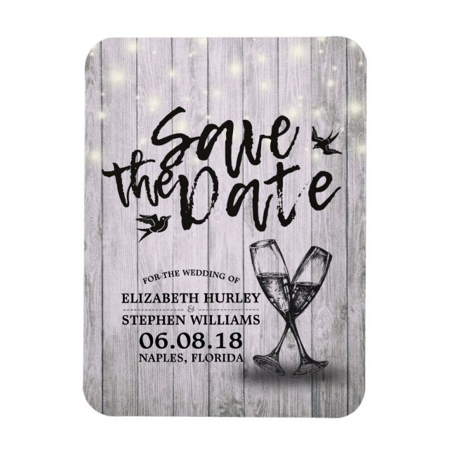 Wedding Save The Date Champagne Glasses Wood Light Magnet (Vertical)