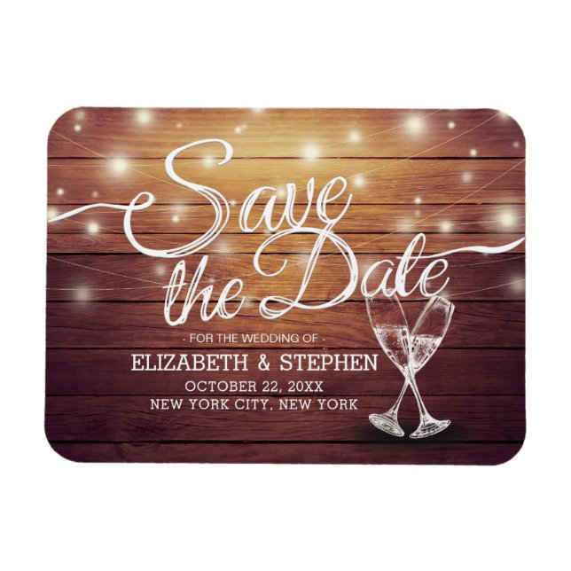 Wedding Save The Date Champagne Glasses Wood Light Magnet (Horizontal)