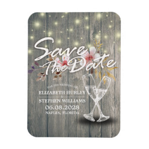 Wedding Save The Date Champagne Glasses Wood Light Magnet