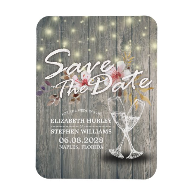 Wedding Save The Date Champagne Glasses Wood Light Magnet (Vertical)