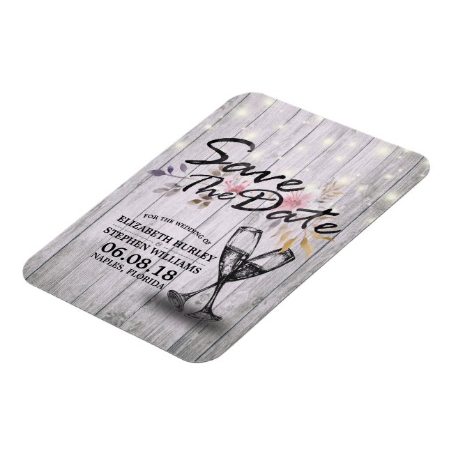 Wedding Save The Date Champagne Glasses Wood Light Magnet (Left Side)