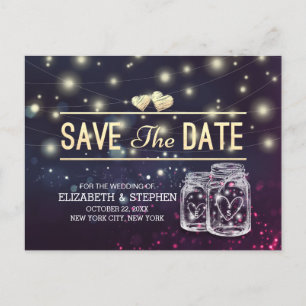 Wedding Save The Date Chic Mason Jar Purple Lights Announcement Postcard