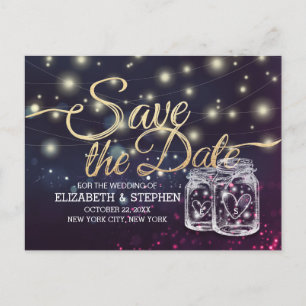 Wedding Save The Date Chic Mason Jar Purple Lights Announcement Postcard