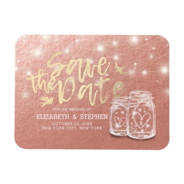 Wedding Save The Date Couple Mason Jars Rose Gold Magnet (Horizontal)