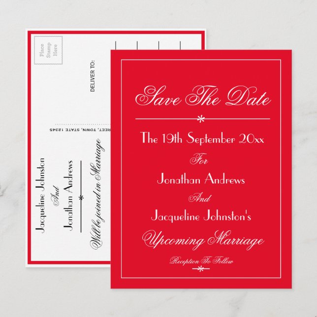 Wedding Save The Date Elegant Chic Red Invitation Postcard (Front/Back)