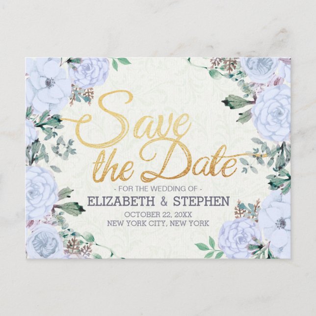 Wedding Save the Date Elegant Floral Gold Script Announcement Postcard (Front)