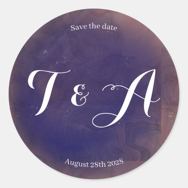 Wedding Save the Date Elegant Monogram Purple Classic Round Sticker (Front)