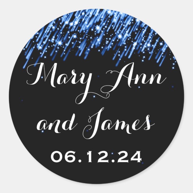 Wedding Save The Date Falling Stars Sapphire Blue Classic Round Sticker (Front)