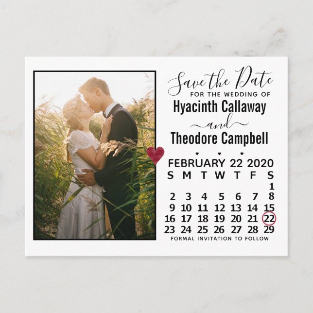 Wedding Save the Date February 2020 Calendar Photo Invitation Postcard (Front)