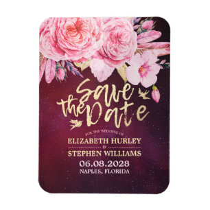 Wedding Save The Date Floral Feathers Burgundy Red Magnet