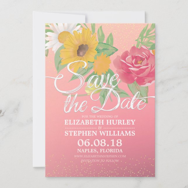 Wedding Save The Date Flowers Pink Gold Glitter (Front)