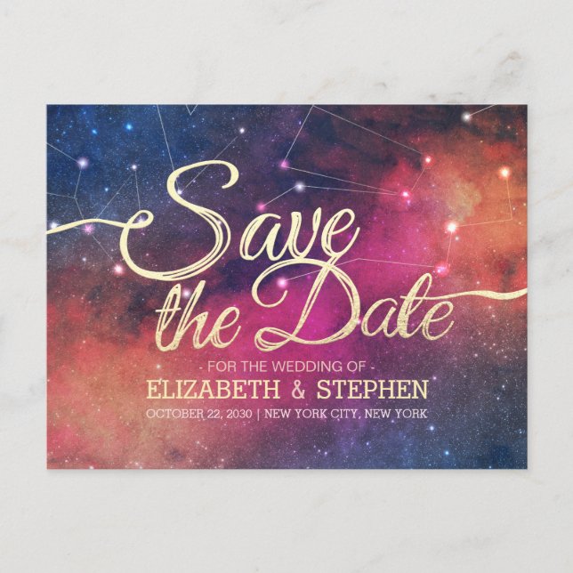 Wedding Save The Date Galaxy Nebula Constellations Announcement Postcard (Front)