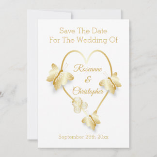 Wedding Save The Date Gold Colour Heart Butterfly