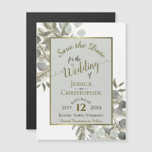 Wedding Save the Date Gold Pine & Greenery Grey Magnetic Invitation