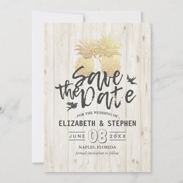 Wedding Save The Date Gold Pineapple Couple Wood (Front)
