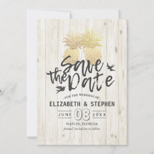 Wedding Save The Date Gold Pineapple Couple Wood