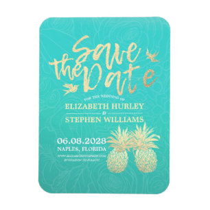 Wedding Save The Date Golden Pineapples Teal Roses Magnet