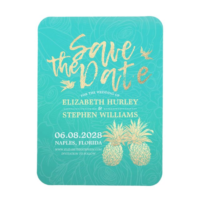Wedding Save The Date Golden Pineapples Teal Roses Magnet (Vertical)