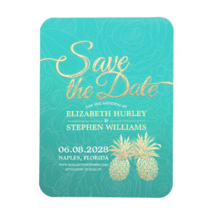Wedding Save The Date Golden Pineapples Teal Roses Magnet
