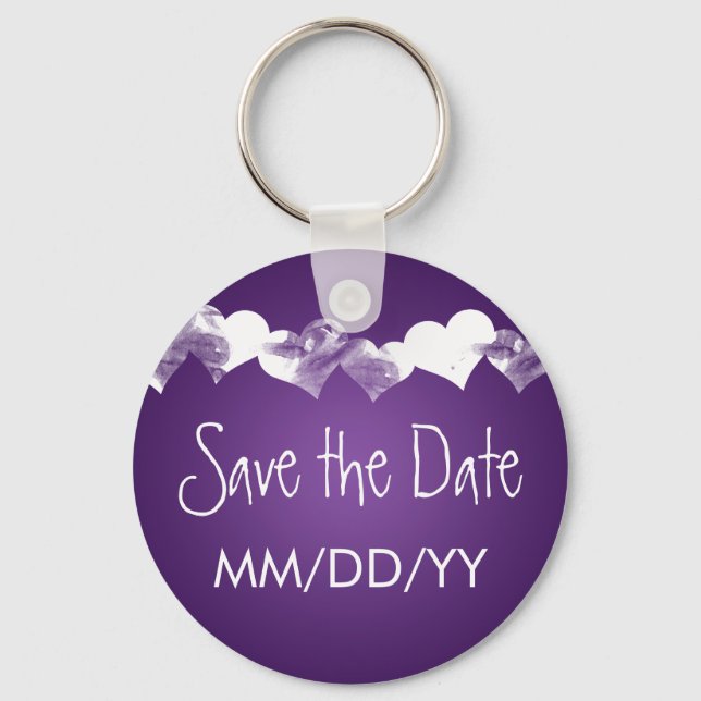 Wedding Save The Date Grunge Hearts Purple Key Ring (Front)