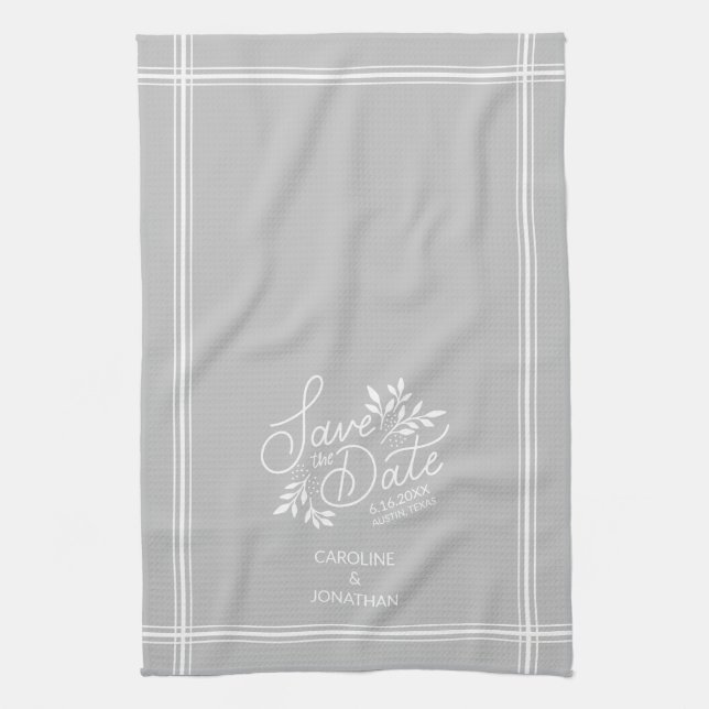 Wedding Save the Date Hand Drawn Botanical Floral Tea Towel (Vertical)