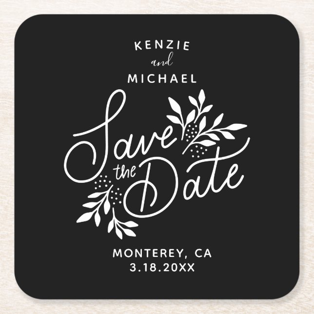 Wedding Save the Date Hand Drawn Botanicals Black Square Paper Coaster (Front)