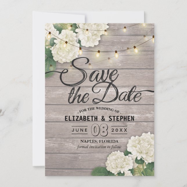 Wedding Save The Date Hydrangea String Lights Wood (Front)