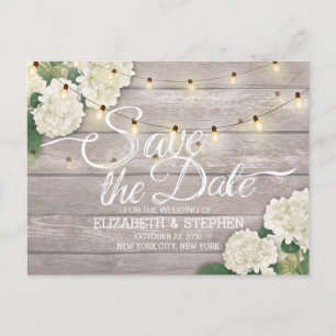 Wedding Save The Date Hydrangea String Lights Wood Announcement Postcard