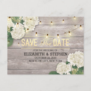 Wedding Save The Date Hydrangea String Lights Wood Announcement Postcard
