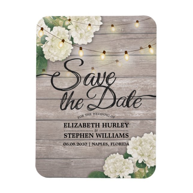 Wedding Save The Date Hydrangea String Lights wood Magnet (Vertical)